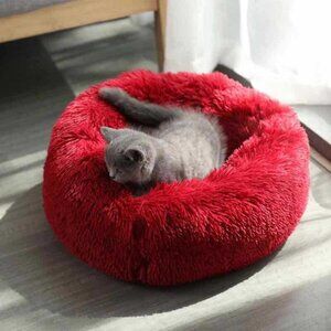 Fluffy Calming Cat Dog Donut Bed Burgundy Size Small 40cm or 16 inches